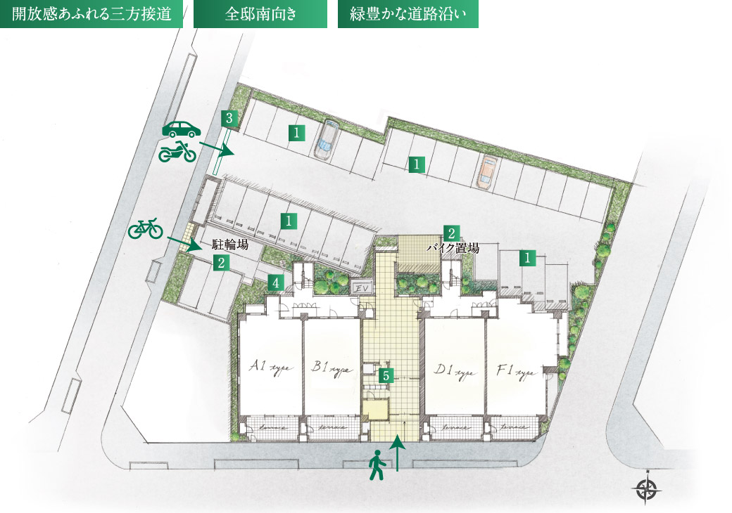 開放感あふれる三方接道／全邸南向き／緑豊かな道路沿い