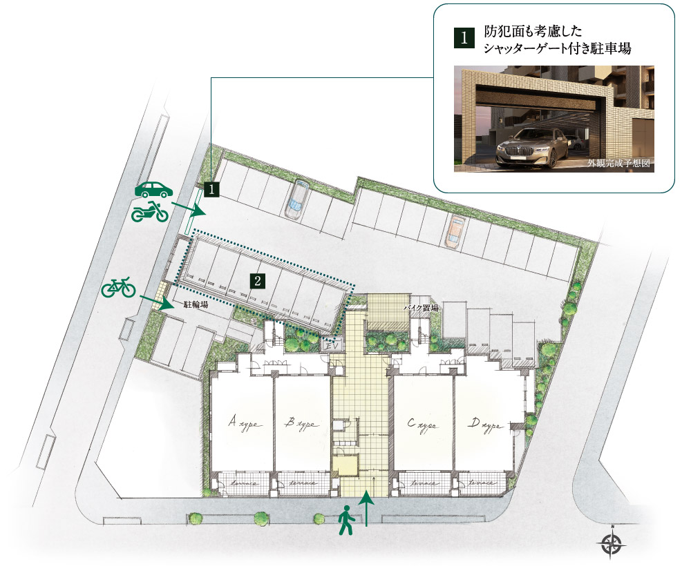 防犯面も考慮したシャッターゲート付き駐車場