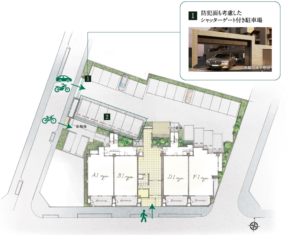防犯面も考慮したシャッターゲート付き駐車場